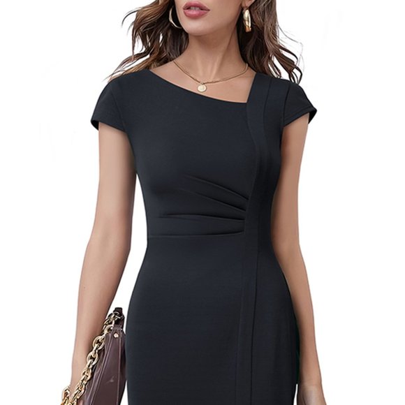 Asymmetrical Neck Short Sleeve Slit Dress - Picture 1 of 7